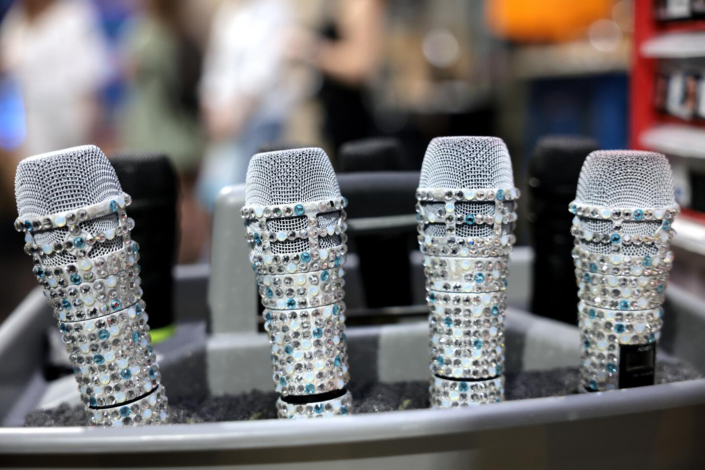 Blingy microphones backstage for the "Mamma Mia!" production at the Ahmanson Theatre in downtown Los Angeles.