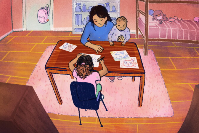 An illustration of a woman with medium-light skin tone sits at a table holding a medium skin tone baby in a purple onesie. Across the table, a young girl with brown curly hair in a ponytail draws art on pieces of paper. In the background is a bunk bed with stuffed animals on the bottom bunk. 