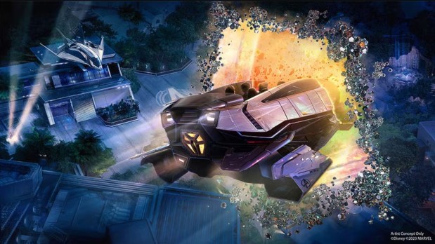 Concept art of a world-jumping ride vehicle for a Marvel multiverse E-Ticket attraction planned for Avengers Campus at Disney California Adventure. (Disney)