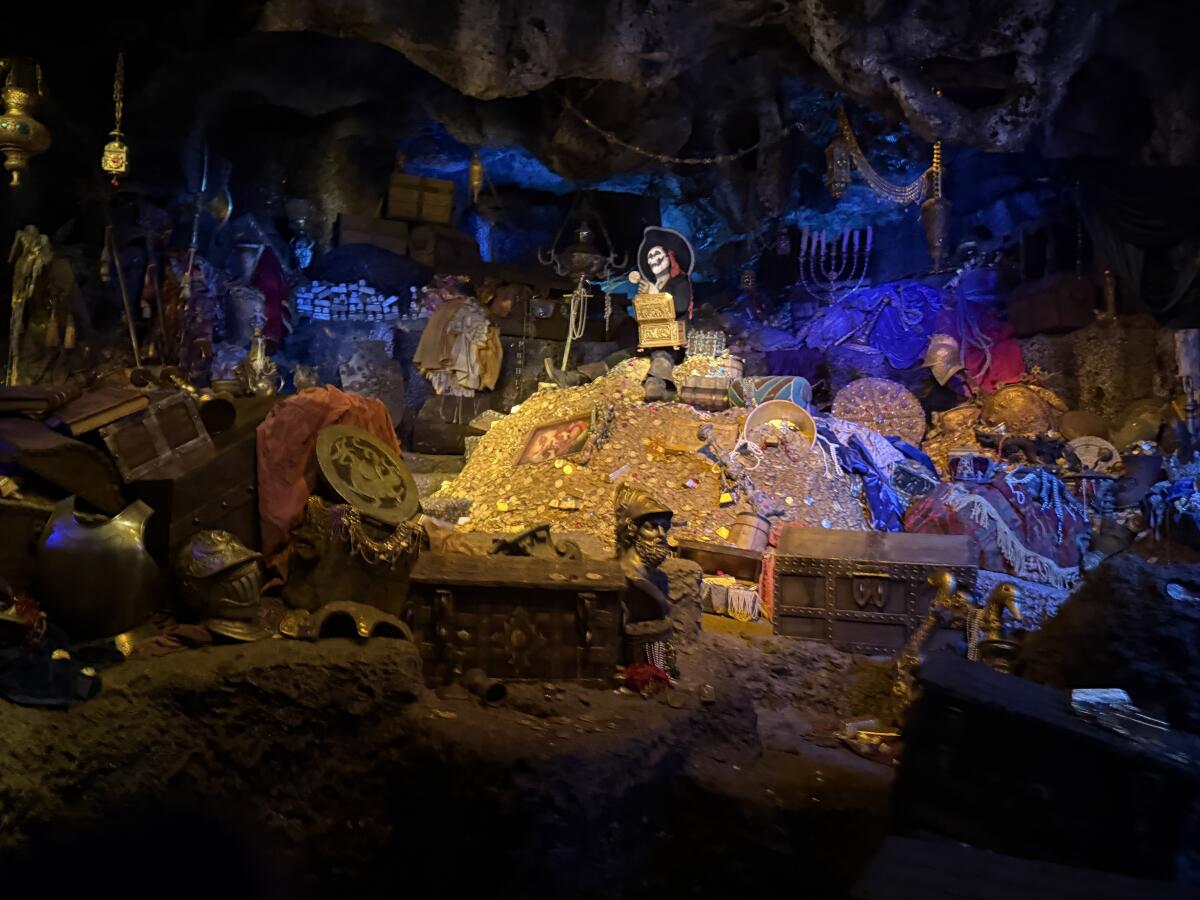 A new animated pirate on Disneyland's Pirates of the Caribbean shifts from living to dead using projection technology.