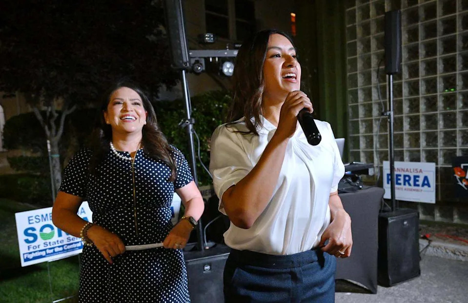 Annalisa Perea, right, thanks supporters with Esmeralda Soria to the left during a campaign gathering Tuesday night, June 2, 2026 in Fresno.