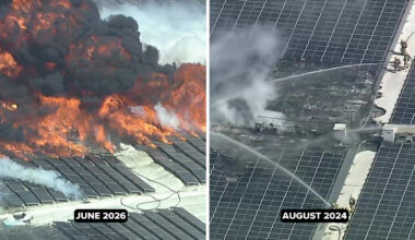 Same storage facility roof with solar panels burned before in 2024
