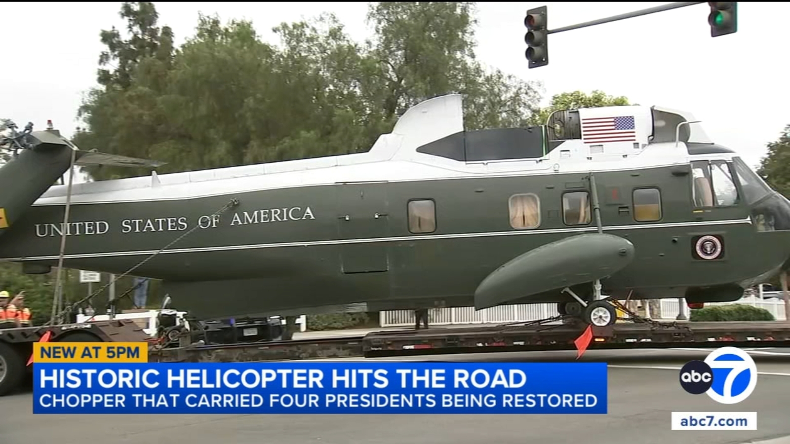 Historic presidential helicopter transported from Nixon Library in Yorba Linda to March Air Museum in Riverside County