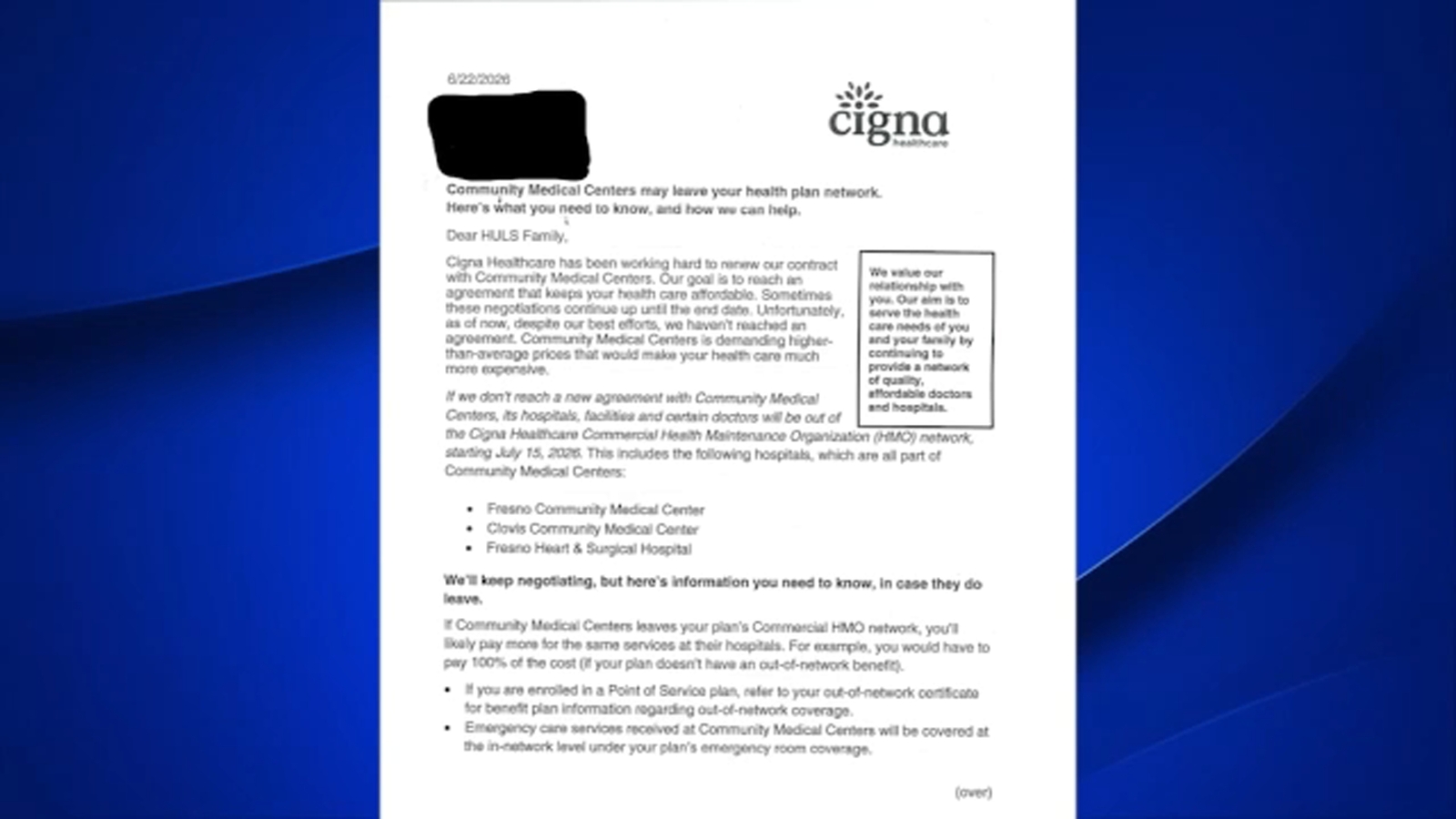 Cigna and Community Medical Centers in contract dispute