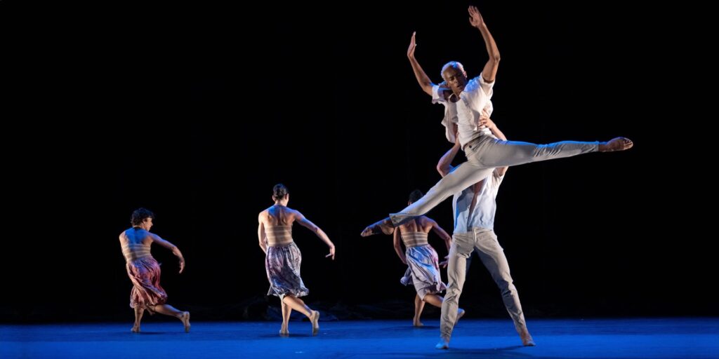 Chandler Davidson with dancers of BODYTRAFFIC in "Blue Until June" Choreography by Trey McIntyre - photo by Christopher Duggan, courtesy of Jacob’s Pillow.