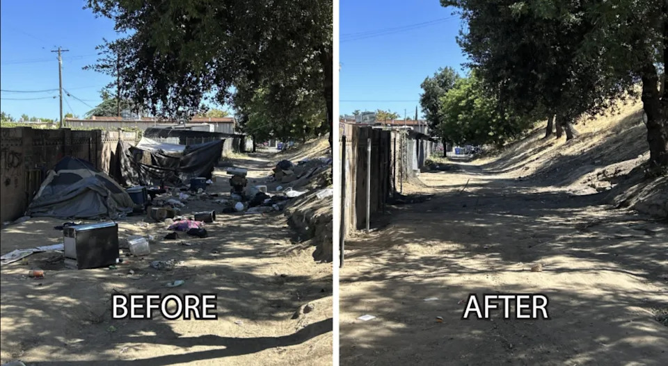 A Central Valley Caltrans crew praised themselves for a so-called homeless encampment cleanup that has been slammed by locals who said the job was only half completed.
