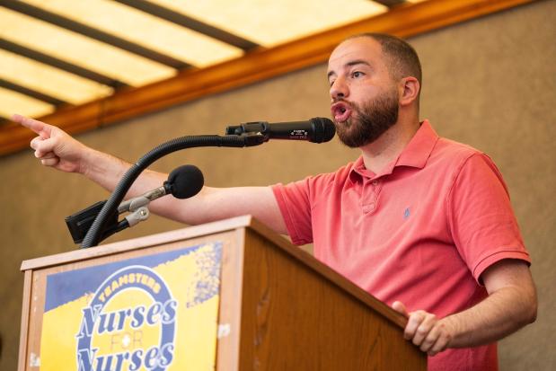 State Sen. Jeremy Moss speaks in support of nurses at Corewell Health East, represented by Teamsters Local 2024, on Saturday, June 21, 2025, at the Corewell Health Southfield Center in Southfield. (MNG file photo)