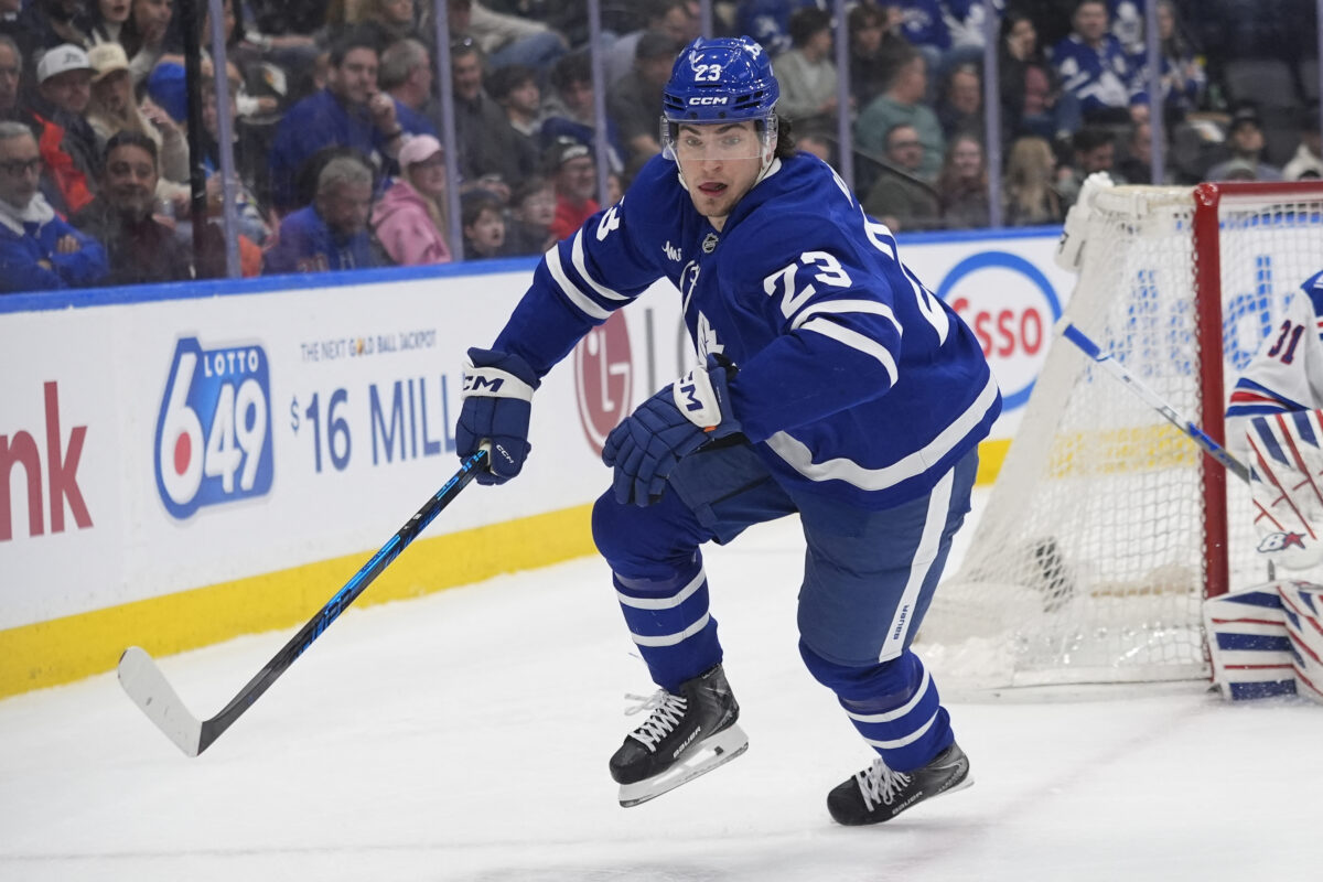 Mar 25, 2026; Toronto, Ontario, CAN; Toronto Maple Leafs forward Matthew Knies (23) skates against the New York Rangers during the first period at Scotiabank Arena. Mandatory Credit: John E. Sokolowski-Imagn Images