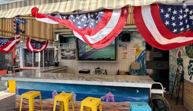 The outside bar at Cabana has the largest TV at the establishment. There are also six other TVs inside.
