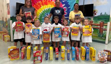 Preschoolers at Oceanside&rsquo;s Loving and Learning Child Care, including Cole S, left, Logan F, Jane M, Sienna K, Ryan K, Penelope S, Charlie B and Isabelle W, contributed to donating more than 100 cereal boxes on June 17.
