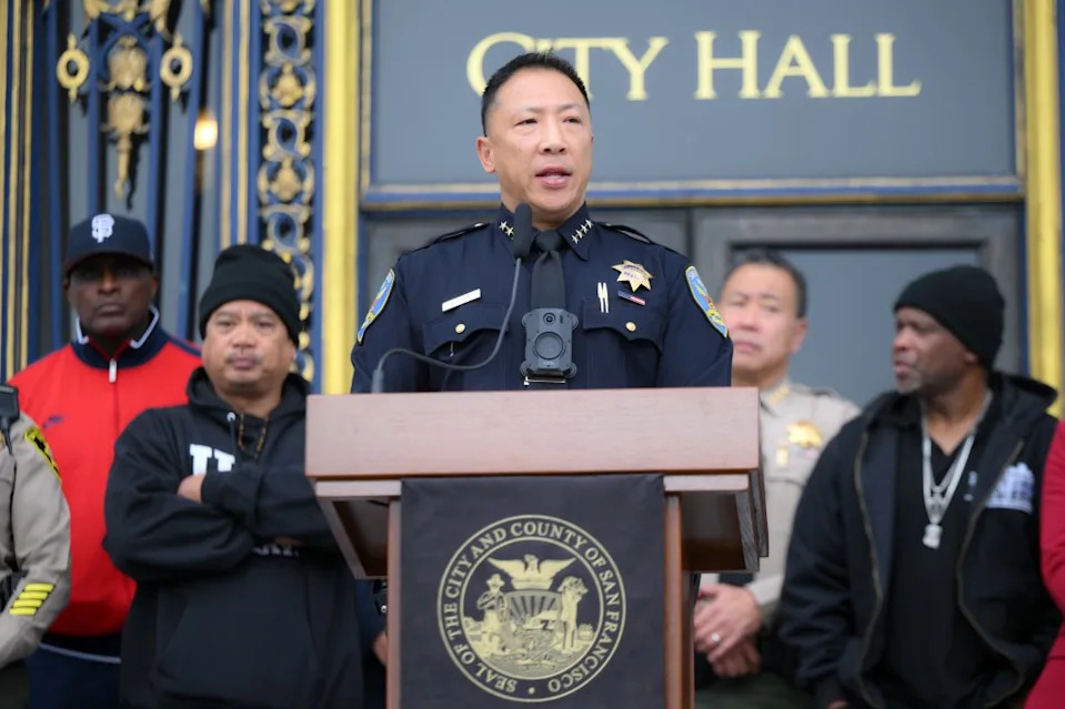 SFPD Chief Derrick Lew speaking at a press conference. Anadolu via Getty Images