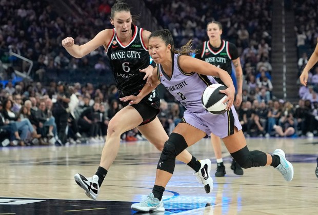 SAN FRANCISCO, CALIFORNIA - JUNE 02: Kaitlyn Chen #2 of the Golden State Valkyries drives to the basket against Bridget Carleton #6 of the Portland Fire in the first half during a WNBA Commissioner's Cup game at Chase Center on June 2, 2026 in San Francisco, California. NOTE TO USER: User expressly acknowledges and agrees that, by downloading and or using this photograph, User is consenting to the terms and conditions of the Getty Images License Agreement. (Photo by Thearon W. Henderson/Getty Images)