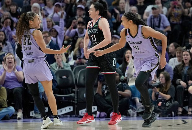SAN FRANCISCO, CALIFORNIA - JUNE 02: Kiah Stokes #41 of the Golden State Valkyries celebrates with Veronica Burton #22 after making a three-point shot against the Portland Fire in the second half during a WNBA Commissioner's Cup game at Chase Center on June 2, 2026 in San Francisco, California. NOTE TO USER: User expressly acknowledges and agrees that, by downloading and or using this photograph, User is consenting to the terms and conditions of the Getty Images License Agreement. (Photo by Thearon W. Henderson/Getty Images)