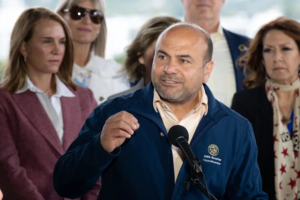 Councilmember Adrin Nazarian holding a press conference with film and television workers at Los Angeles City Hall. MediaNews Group via Getty Images