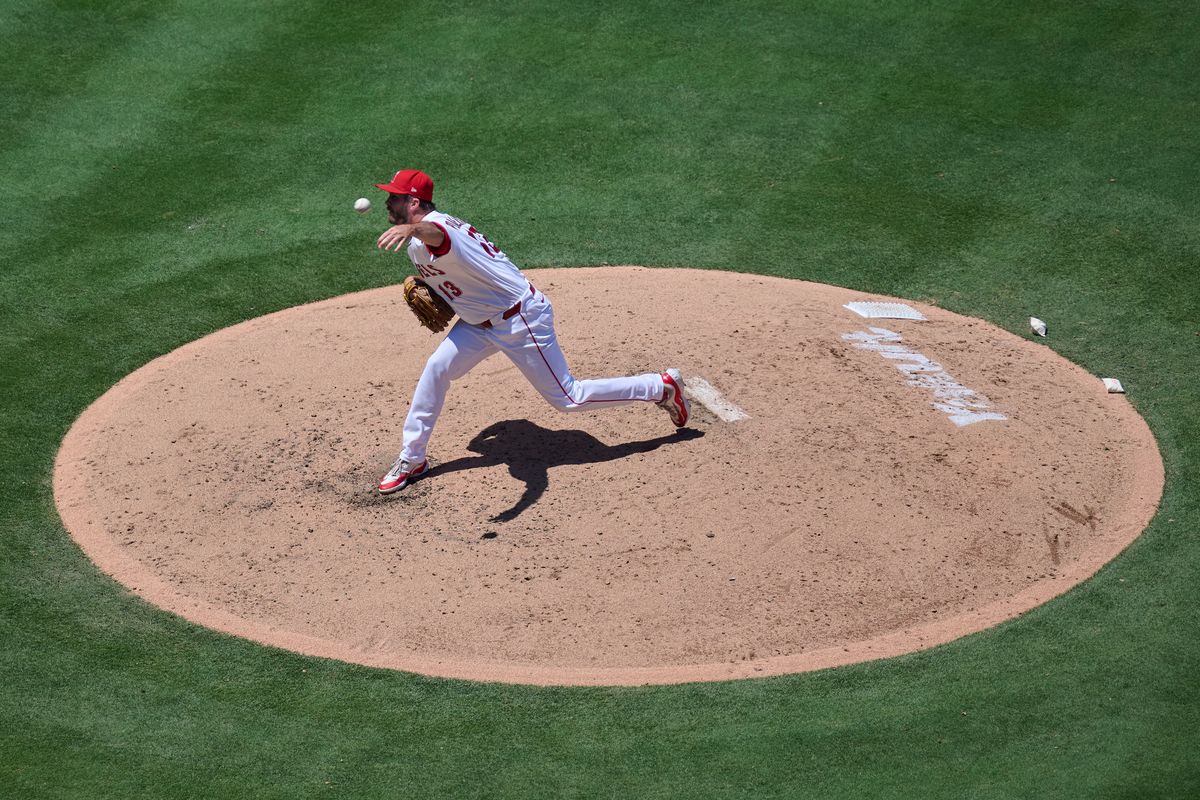 The Los Angeles Drew Pomeranz #13 pitches during an MLB game against The Tampa Bay Rays on June 14th, 2026 at Angel Stadium in Anaheim, California. The Los Angeles Drew Pomeranz #13 pitches during an MLB game against The Tampa Bay Rays on June 14th, 2026 at Angel Stadium in Anaheim, California.