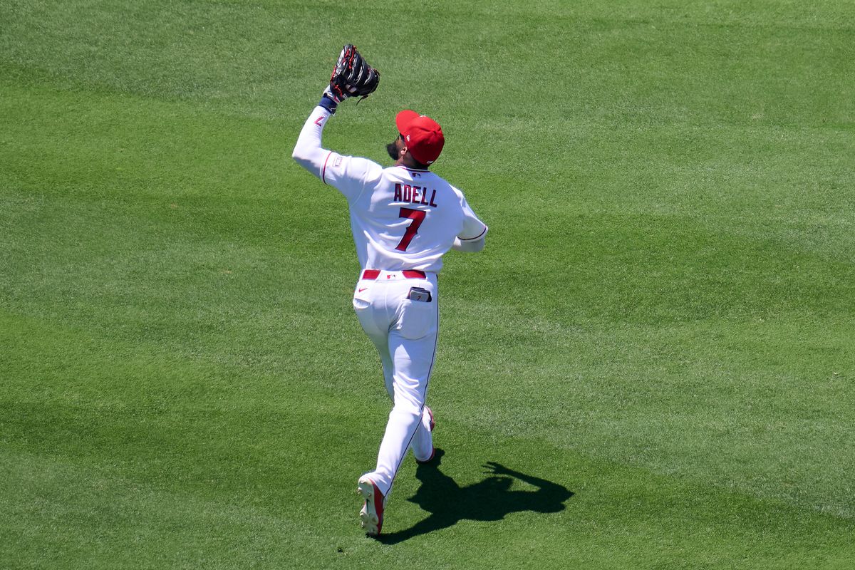 The Los Angeles Angels Jo Adell #7 Catches a fly ball during an MLB game against The Tampa Bay Rays on June 14th, 2026 at Angel Stadium in Anaheim, California. The Los Angeles Angels Jo Adell #7 Catches a fly ball during an MLB game against The Tampa Bay Rays on June 14th, 2026 at Angel Stadium in Anaheim, California.