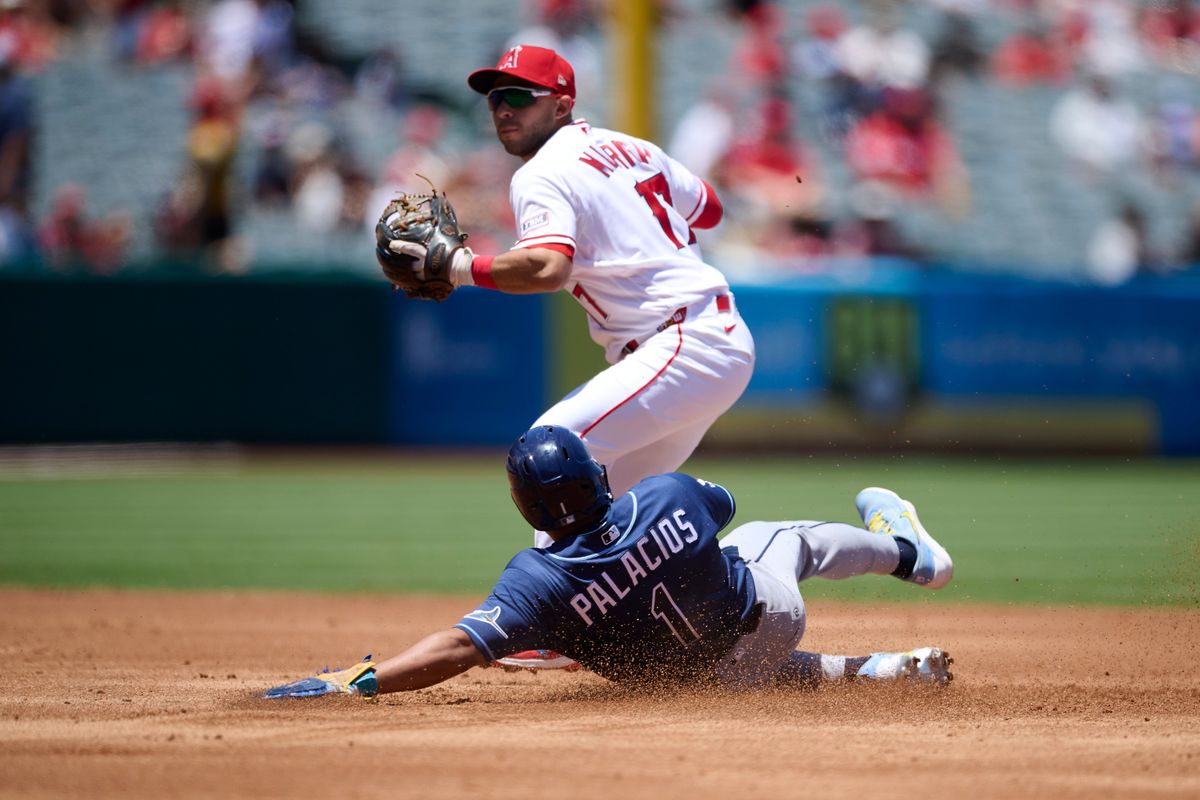 The Los Angeles Angels Nick Madrigal #17 plays second base during an MLB game against The Tampa Bay Rays on June 14th, 2026 at Angel Stadium in Anaheim, California. The Los Angeles Angels Nick Madrigal #17 plays second base during an MLB game against The Tampa Bay Rays on June 14th, 2026 at Angel Stadium in Anaheim, California.