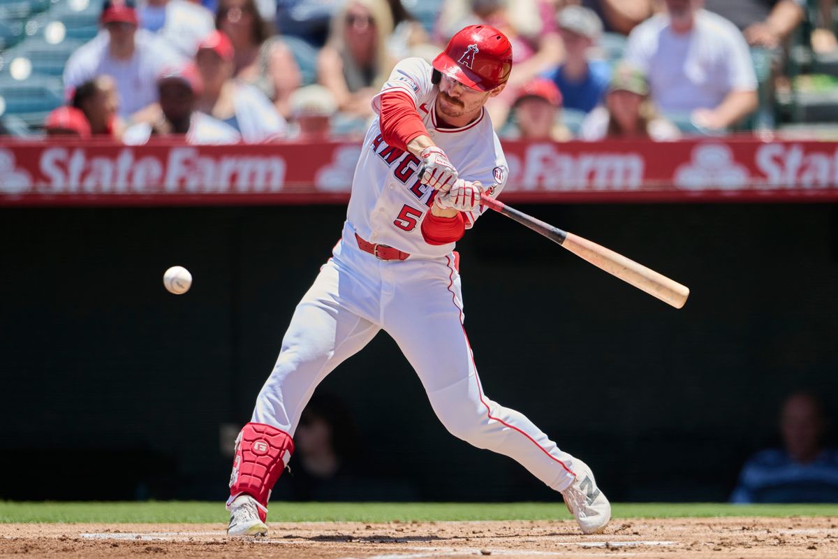 The Los Angeles Angels Wade Meckler #53 at bat during an MLB game against The Tampa Bay Rays on June 14th, 2026 at Angel Stadium in Anaheim, California. The Los Angeles Angels Wade Meckler #53 at bat during an MLB game against The Tampa Bay Rays on June 14th, 2026 at Angel Stadium in Anaheim, California.