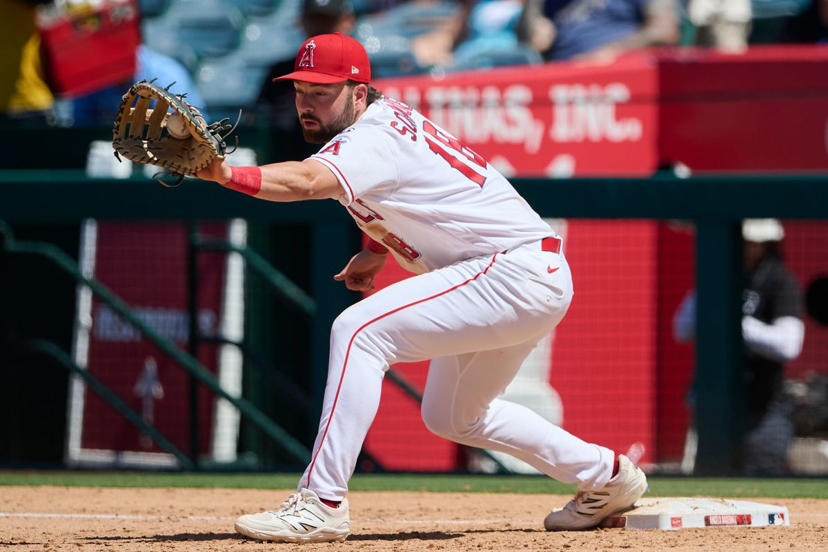The Los Angeles Angels Nolan Schanuel #18 plays first base during an MLB game against The Tampa Bay Rays on June 14th, 2026 at Angel Stadium in Anaheim, California. The Los Angeles Angels Nolan Schanuel #18 plays first base during an MLB game against The Tampa Bay Rays on June 14th, 2026 at Angel Stadium in Anaheim, California.