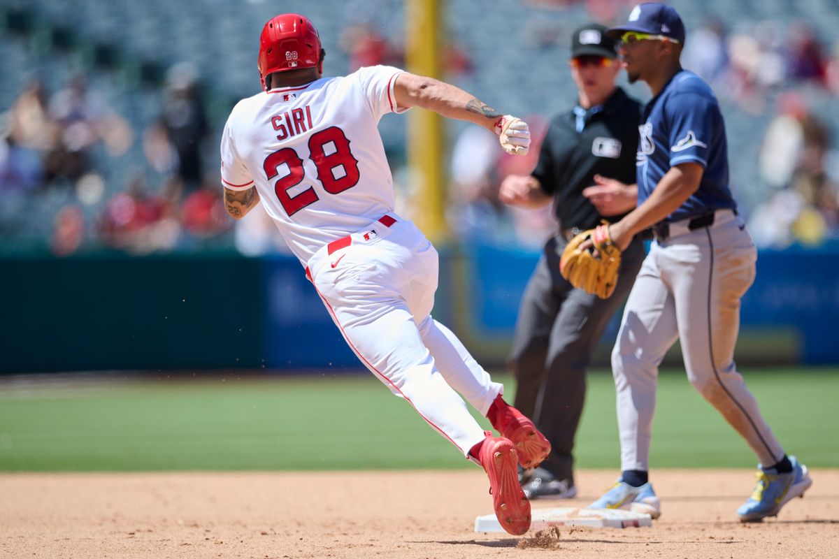 The Los Angeles Angels Jose Siri #28 rounds second base during an MLB game against The Tampa Bay Rays on June 14th, 2026 at Angel Stadium in Anaheim, California. The Los Angeles Angels Jose Siri #28 rounds second base during an MLB game against The Tampa Bay Rays on June 14th, 2026 at Angel Stadium in Anaheim, California.