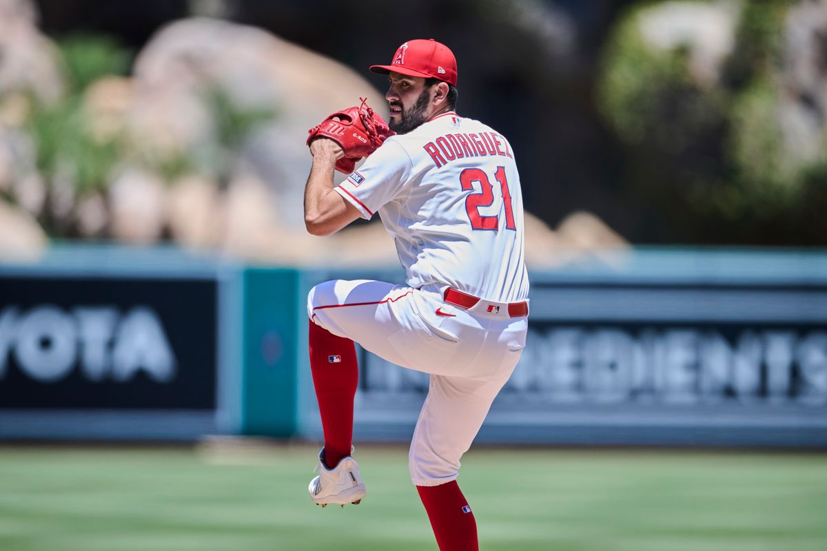 The Los Angeles Angels Grayson Rodriguez #21 pitches during an MLB game against The Tampa Bay Rays on June 14th, 2026 at Angel Stadium in Anaheim, California. The Los Angeles Angels Grayson Rodriguez #21 pitches during an MLB game against The Tampa Bay Rays on June 14th, 2026 at Angel Stadium in Anaheim, California.