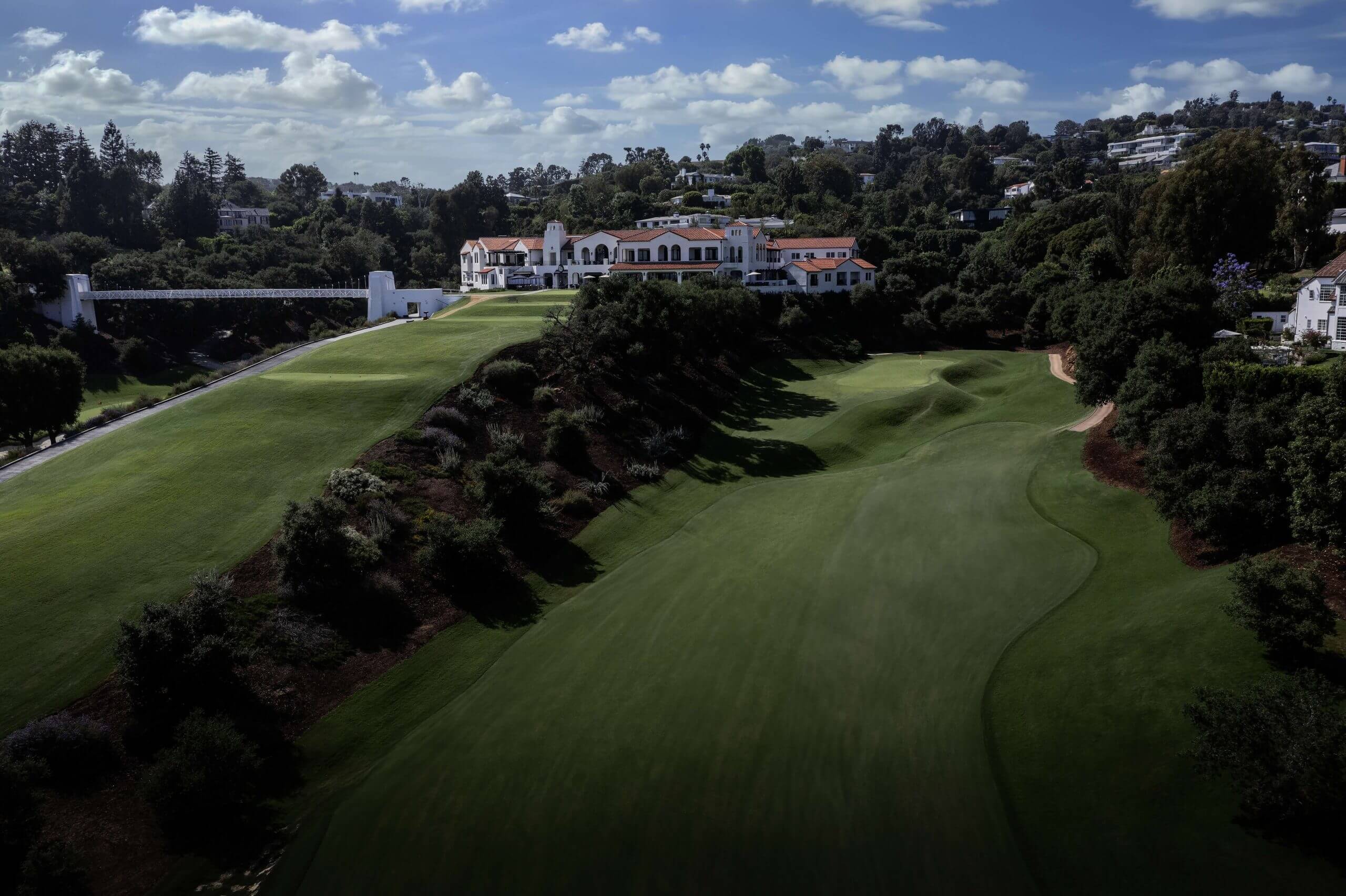 An aerial view of two golf holes at Bel-Air Country Club in Los Angeles.