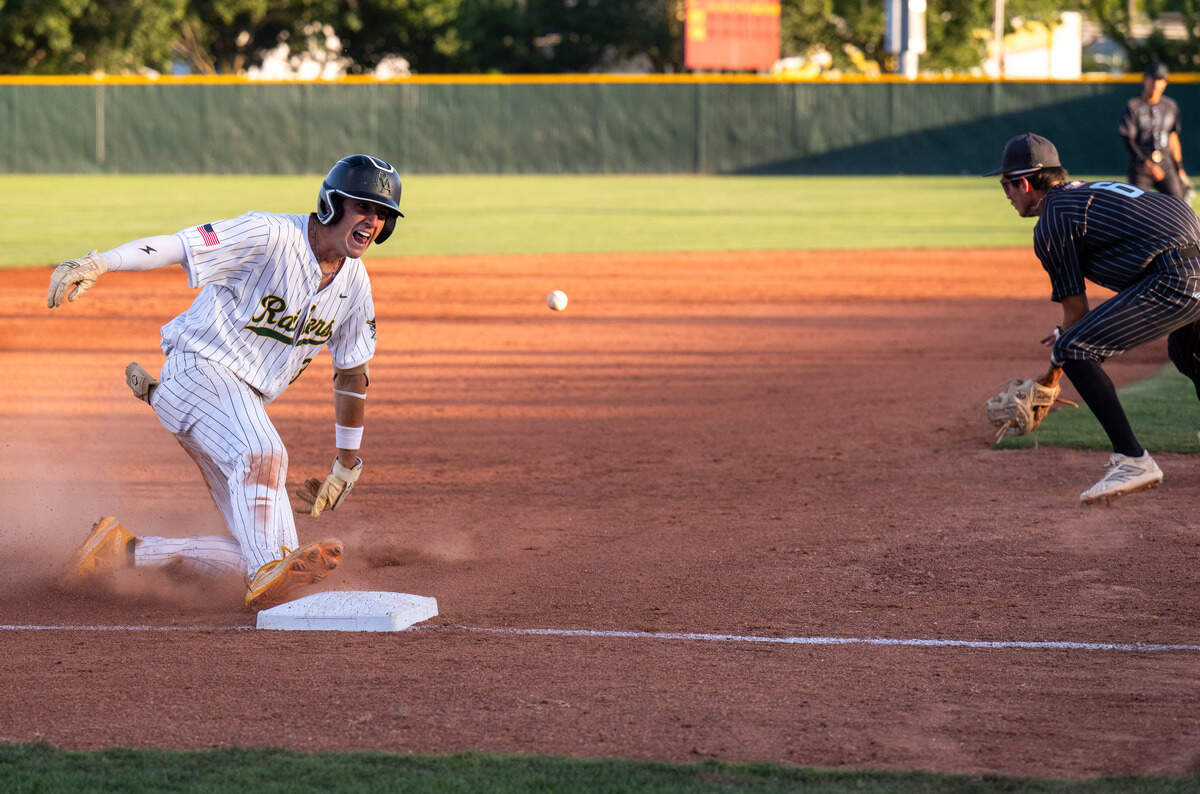 Rio Americano Raiders shortstop Trey Howell-Chase slides into third base for a triple in the fifth inning against the El Capitan Gauchos in the CIF Sac-Joaquin Division III baseball championship game at Sacramento City College on May 20. Howell-Chase is The Bee’s Medium School Player of the Year.