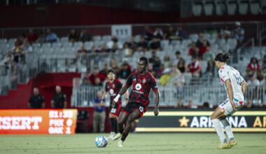 Jean-Eric Moursou plays the ball in a Phoenix Rising 4-3 defeat against Oakland Roots