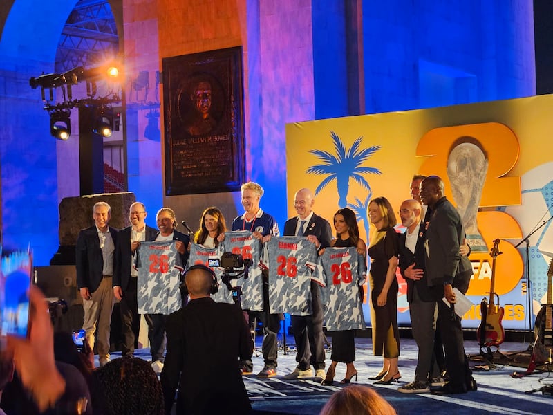 Gianni Infantino was joined at the Los Angeles World Cup host committee's kickoff party by celeb ambassadors Cobi Jones, Mia Hamm, Will Ferrell and Eva Longoria, as well as key L.A. sports leaders.