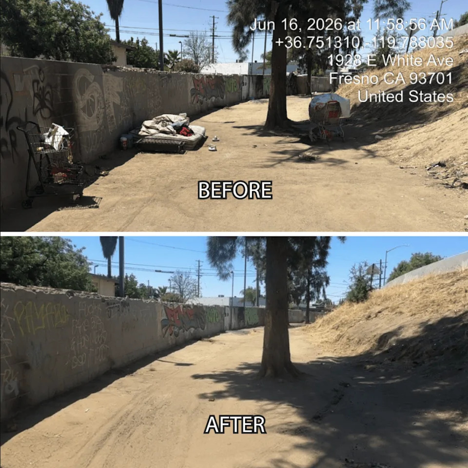 The top photo shows the spot located near a residential area littered with shopping carts, a mattress, blankets, clothes and trash. The area also contains tons of graffiti on the walls and dry brush.