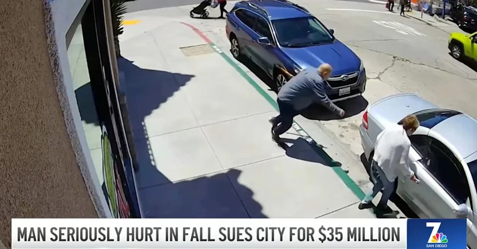 A man trips over a parking meter base in captured security camera footage. Berman & Riedel LLP