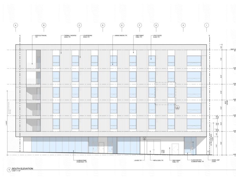 Architectural south elevation drawing of a five-story building with regular window placement, labeled elevation marks, entrances, and structural annotations.