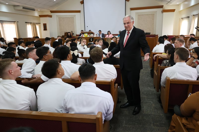 Elder Neil L. Andersen of the Quorum of the Twelve Apostles speaks to missionaries serving in the Philippines Bacolod Mission in Talisay, Philippines, on Saturday, May 30, 2026.