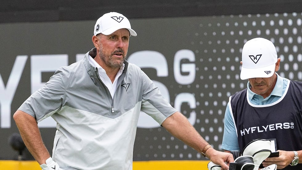 Captain Phil Mickelson of HyFlyers GC looks on from the 17th tee during the third round of LIV...