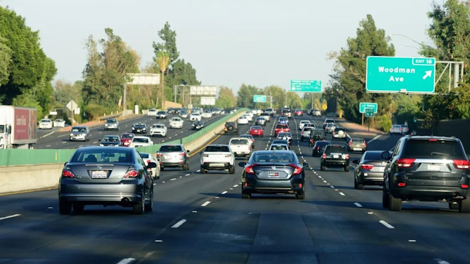 Los Angeles, USA - October 8: Freeway traffic with cars and signs in Los Angeles, Los Angeles, CA on October 8, 2017.