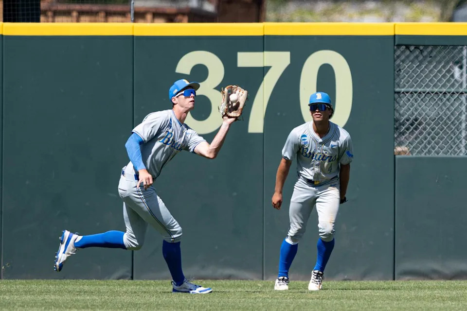UCLA Bruins outfielder Will Gasparino (9) makes a catch during an NCAA regional championship elimination game between the Saint Mary's College Gaels and UCLA Bruins on May 31, 2026 at Jackie Robinson Stadium in Los Angeles Calif.