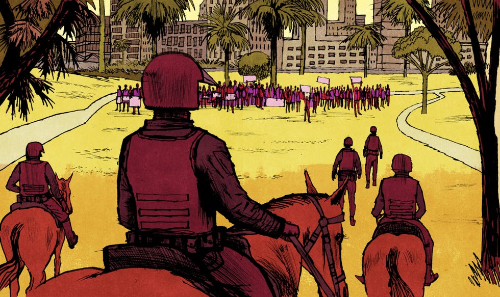 police officers on horseback approaching a protest, ice, los angeles, undocumented mother, cancer, faith police officers on horseback approaching a protest, ice, los angeles, undocumented mother, cancer, faith