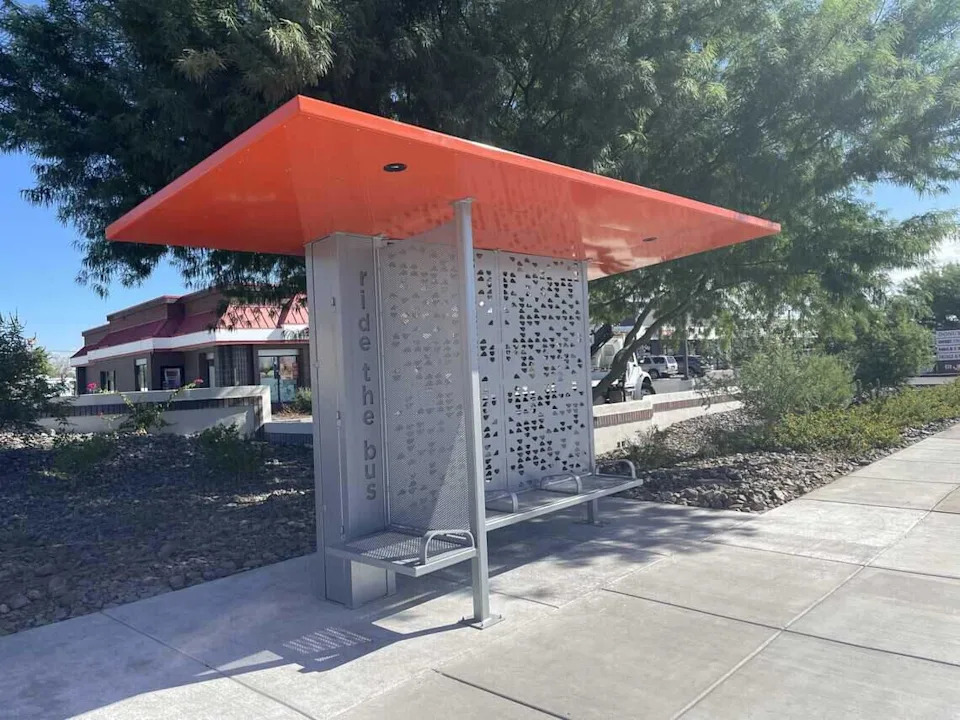 The "Tempe" bus shelter design was one of two that resident could pick between on a survey when deciding which one should be implemented at up to 20 locations within the Sacramento Regional Transit network. About 60% of survey respondents selected the other design, named “Brazos.” (Sacramento Regional Transit)