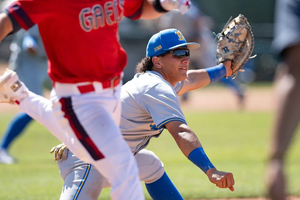 UCLA Bruins first baseman Mulivai Levu (39) makes a catch for a double play during an NCAA regional championship elimination game between the Saint Mary's College Gaels and UCLA Bruins on May 31, 2026 at Jackie Robinson Stadium in Los Angeles Calif.