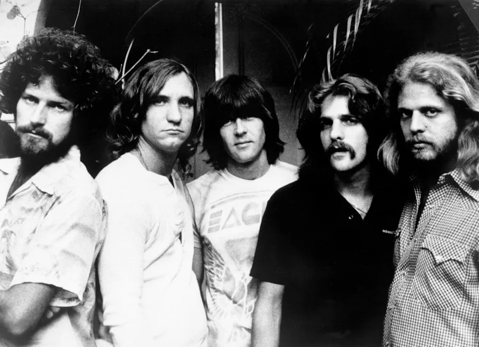 Don Henley, Joe Walsh, Randy Meisner, Glenn Frey and Don Felder of the rock band The Eagles.