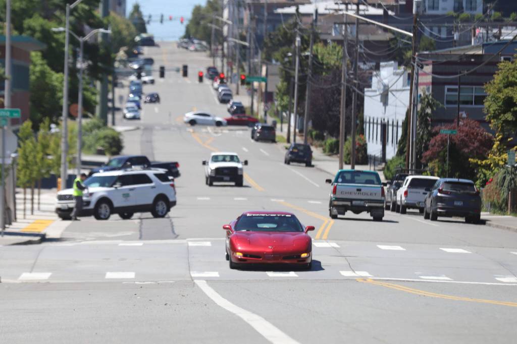 Vehicles travel on California Street between Broadway and Maple Street on Thursday, June 18, 2026, in Everett, Washington. The Everett City Council allocated about $1.5 million toward the design of new bicycle lanes that are set to be installed along California Street east of the citys downtown. (Michael Henneke / The Herald)