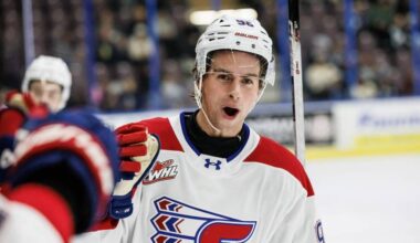 Spokane Chiefs forward Mathis Preston, who is born and raised in Penticton, celebrates with his teammates after scoring against his childhood team, the Vees, at the South Okanagan Events Centre on Nov. 14. The forward was drafted by the Anaheim Ducks on June 27, 2026. (Photo: Spokane Chiefs)