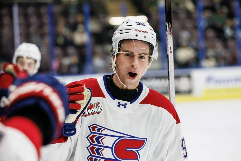 Spokane Chiefs forward Mathis Preston, who is born and raised in Penticton, celebrates with his teammates after scoring against his childhood team, the Vees, at the South Okanagan Events Centre on Nov. 14. The forward was drafted by the Anaheim Ducks on June 27, 2026. (Photo: Spokane Chiefs)