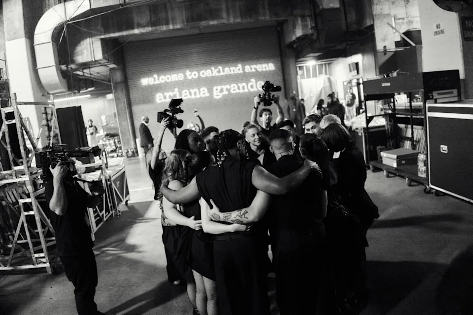 Ariana Grande and her tour crew gather backstage of Oakland Arena for the first show of her “The Eternal Sunshine” world tour on Saturday, June 6, 2026. (Credit: Julian Dakdouk)