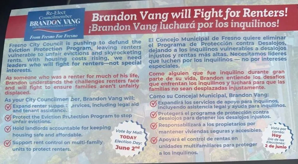 A campaign mailer from Fresno City Councilmember Brandon Vang claims the Eviction Protection Program could be cut. Other councilmembers said that is not the case.