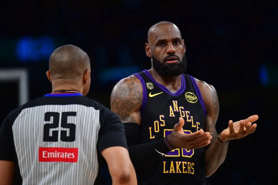 May 11, 2026; Los Angeles, California, USA; Los Angeles Lakers forward LeBron James (23) speaks with official Tony Brothers during the first half in game four of the second round of the 2026 NBA Playoffs at Crypto.com Arena. Mandatory Credit: Gary A. Vasquez-Imagn Images