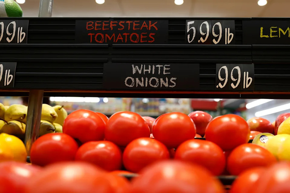 Fresh tomatoes displayed on a shelf on April 15, 2026 in Santa Monica, California. | Getty Images