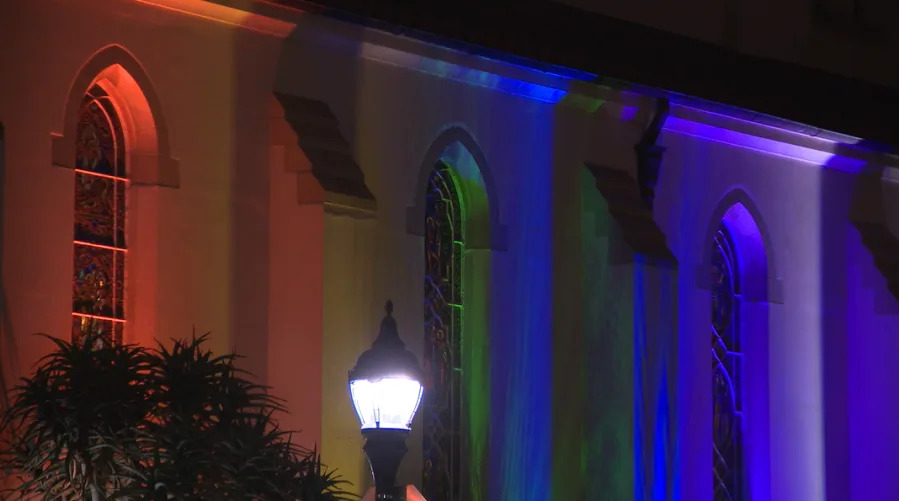 <em>Light up the Cathedral Pride event at St. Paul’s Episcopal Cathedral on Wednesday, July 16, 2025. (KSWB)</em>