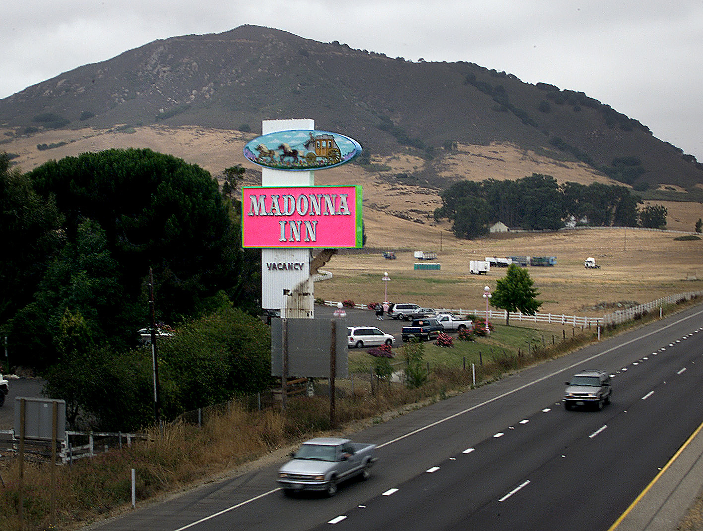 The Madonna Inn sign by the 101 freeway in San Luis Obispo.