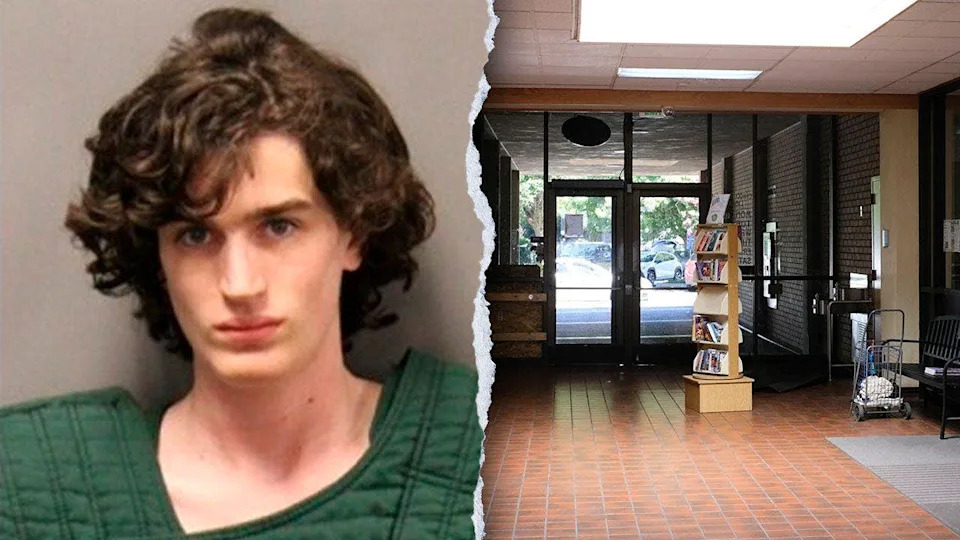Bradley Scott Sayer and the entrance to a Chico, California library